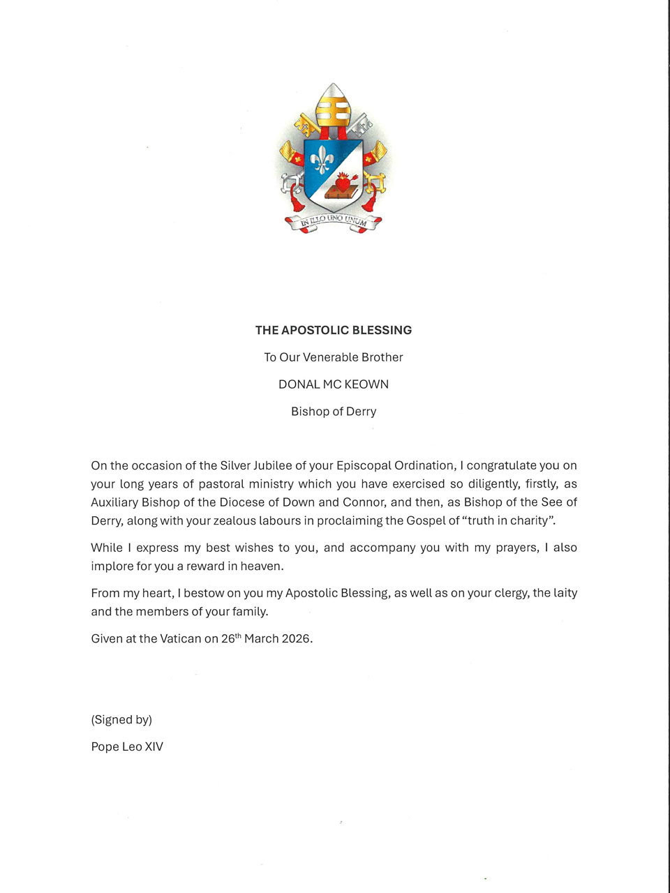 English translation of Apostolic Blessing for Bishop of Derry